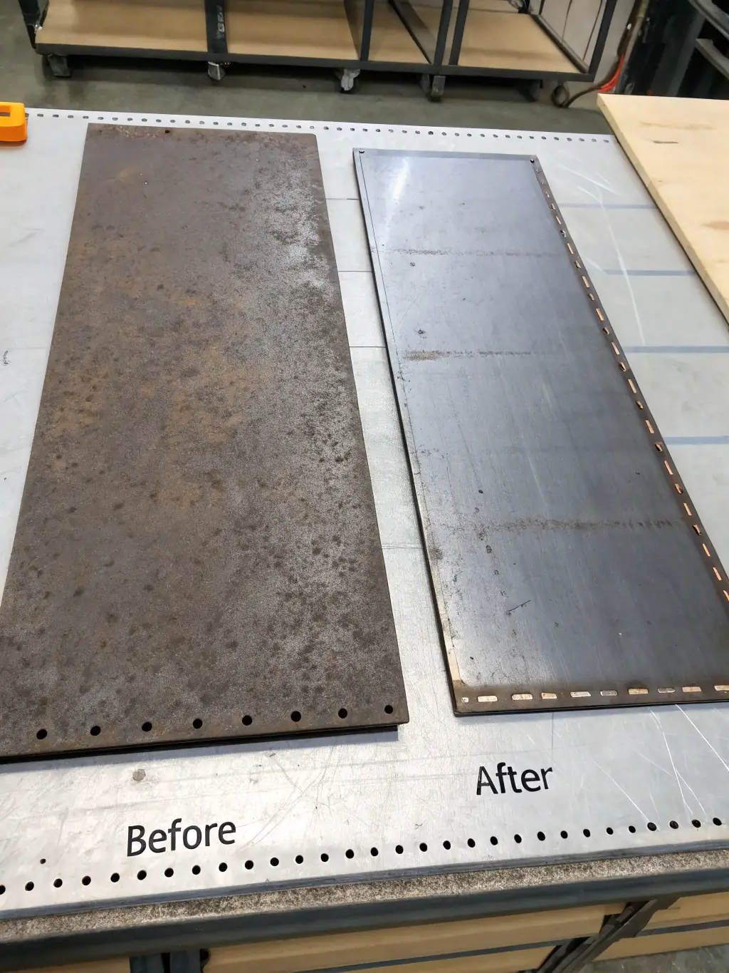 An image showcasing a before-and-after comparison of a metal sheet, demonstrating the reduction in waste achieved through efficient CNC plasma cutting.
