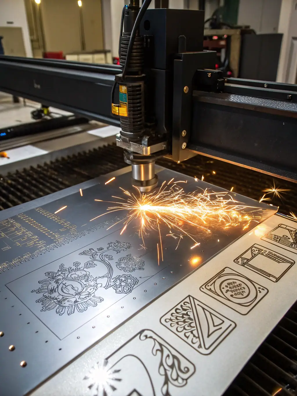 A high-resolution image of a CNC plasma cutter precisely slicing through a thick sheet of steel, sparks flying, showcasing the power and accuracy of the equipment.